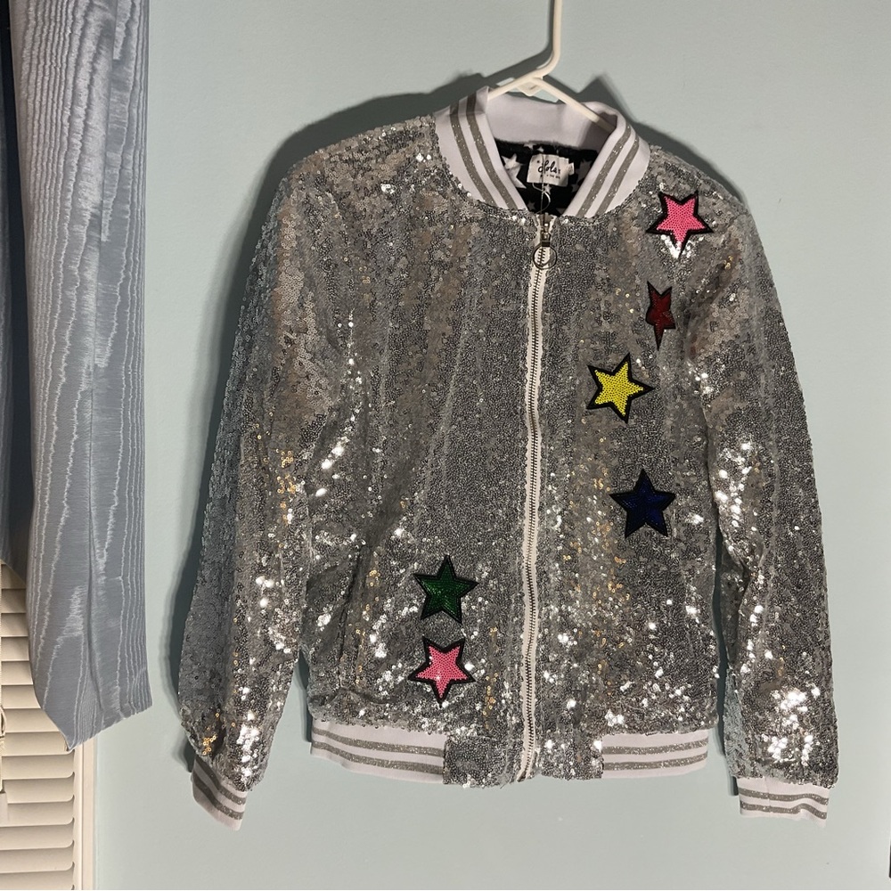 Lola + The Boys Silver Sequin Bomber Jacket with Colorful Stars